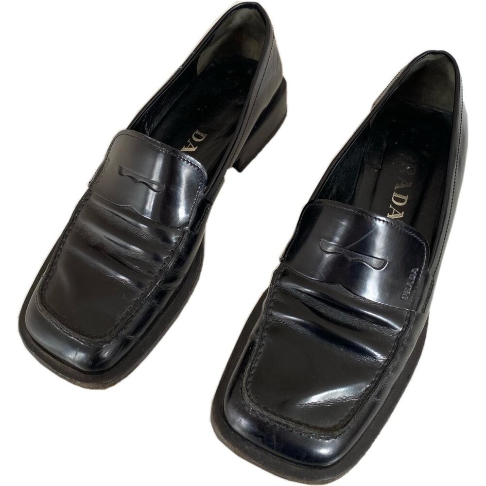 Vintage Prada 1990s Black Patent Square Toe Loafers